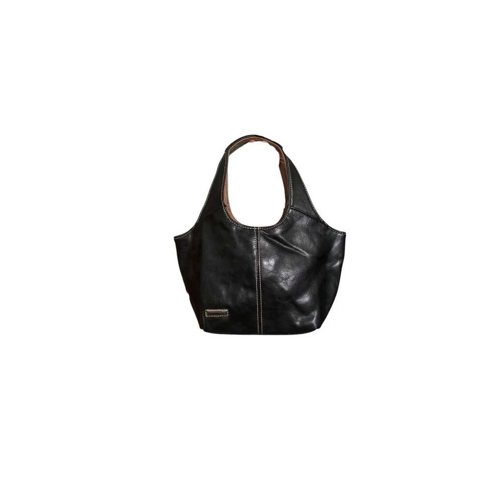 Vintage Y2K 90s Mod Black Leather Mini Shoulder Bag Hobo Handbag Contrast Stitch